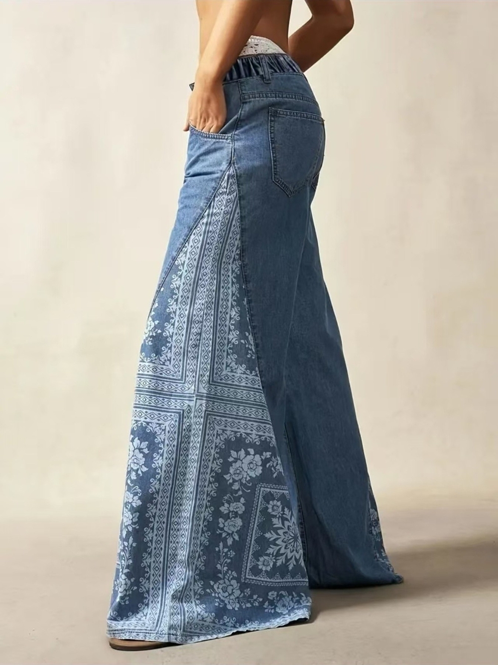 Blue Floral Bandana-Print Panel Wide Leg Jeans Sz S M L XL - Picture 3 of 4